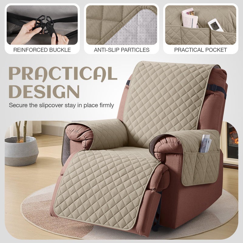 KinCam 100% Waterproof Recliner Chair Cover, Reclining Couch Covers for Pets, Dogs, Recliner Couch Slipcover Furniture Protector with Elastic Straps for Kids(23.6", Khaki) - Image 5