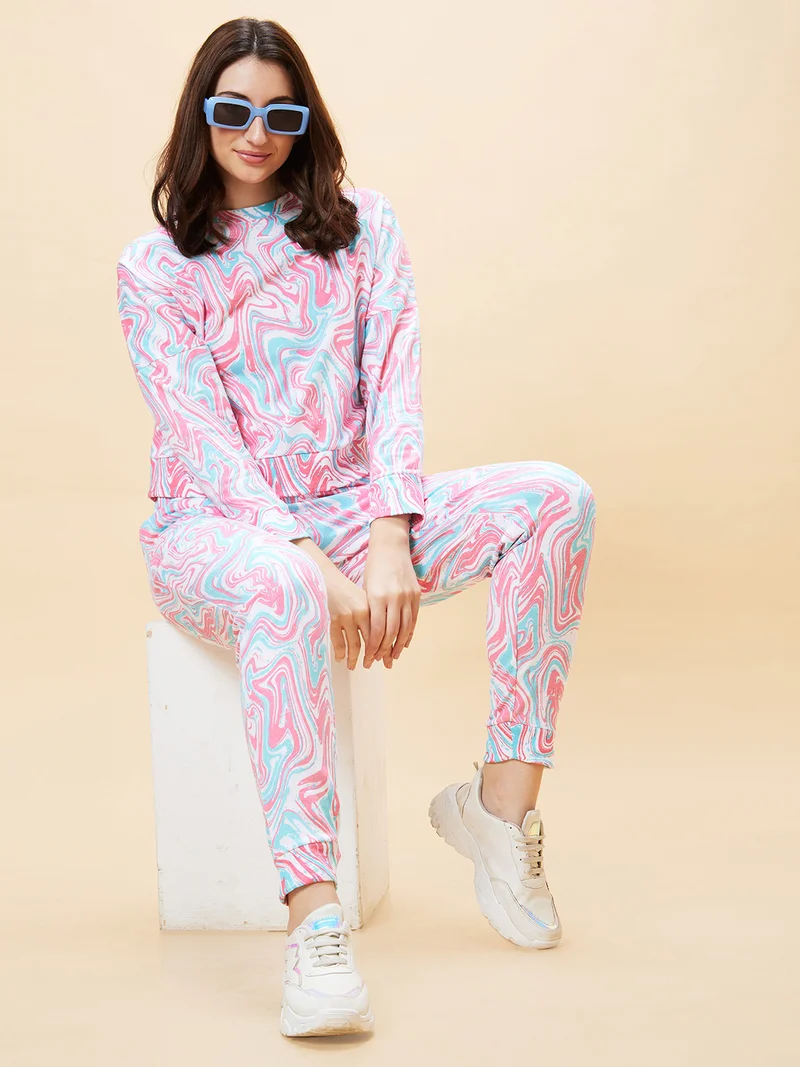 globus Women Marble Print Co-Ord Set With Sweatshirt & Joggers