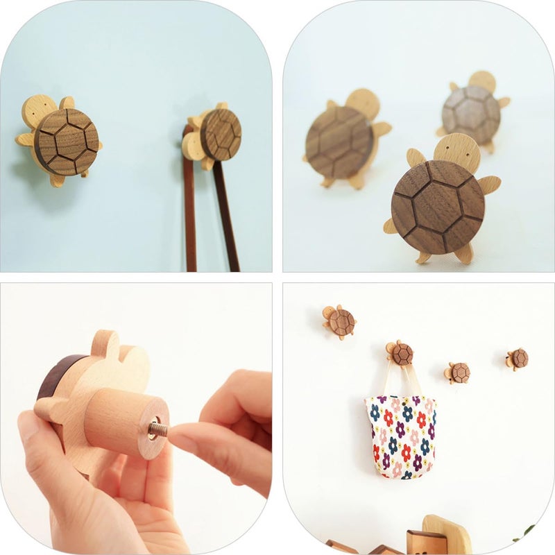 BESTonZON 2 Pcs Turtle Shape Wooden Wall Hooks Nail-Free Coat Hat Bag Hangers Animal Design for Room Entryway Storage Random Color - Image 3