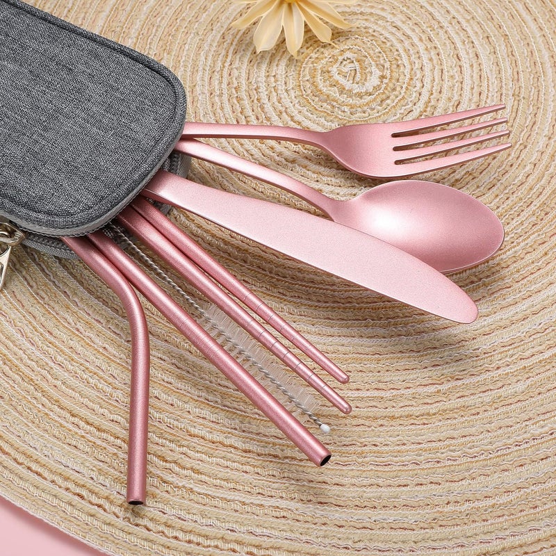 Topbooc Portable Stainless Steel Flatware Set, Travel Camping Cutlery Set, Portable Utensil Travel Silverware Dinnerware Set with a Waterproof Case (Pink) - Image 2