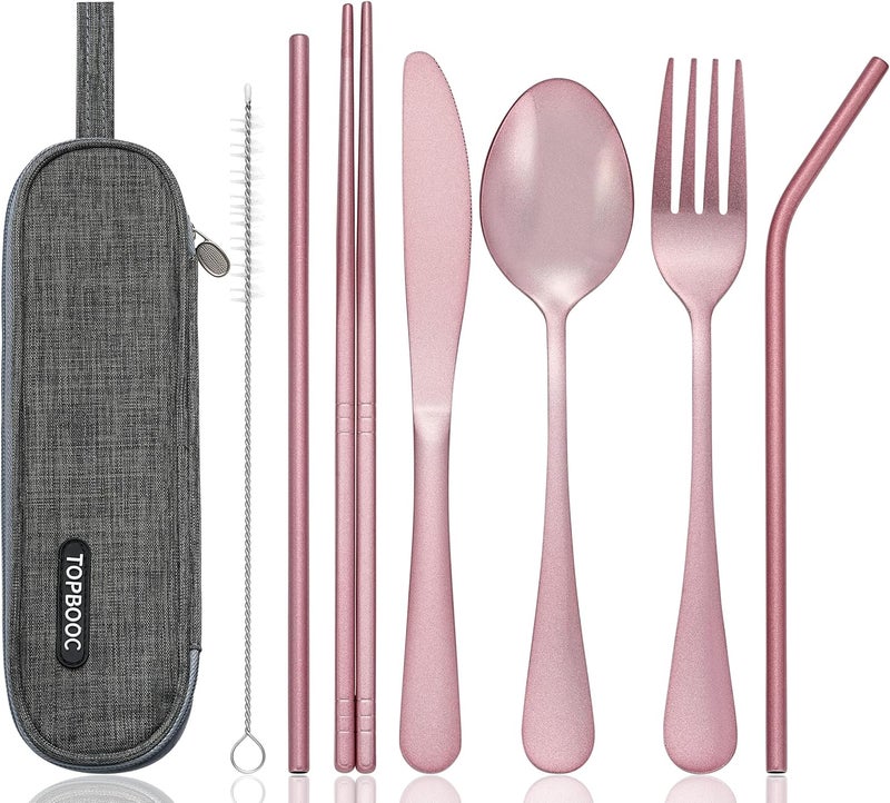 Topbooc Portable Stainless Steel Flatware Set, Travel Camping Cutlery Set, Portable Utensil Travel Silverware Dinnerware Set with a Waterproof Case (Pink) - Image 1