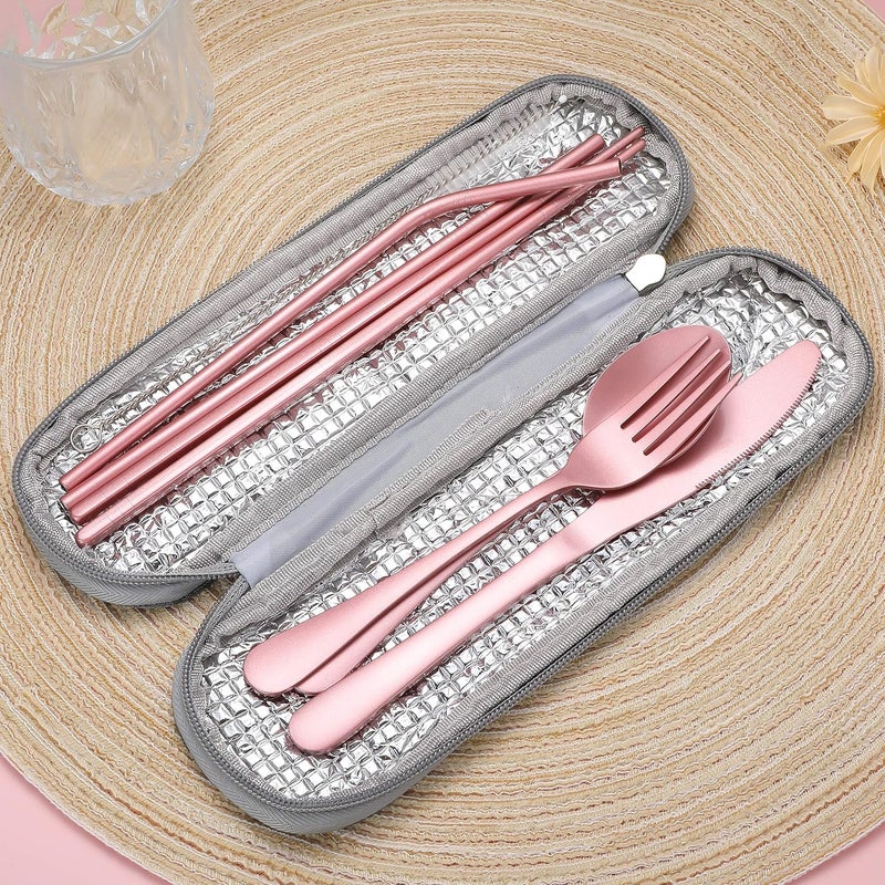 Topbooc Portable Stainless Steel Flatware Set, Travel Camping Cutlery Set, Portable Utensil Travel Silverware Dinnerware Set with a Waterproof Case (Pink) - Image 3