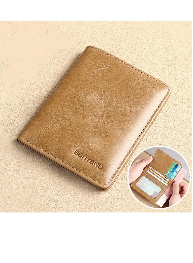 بانيانو محفظة رجالية من الجلد الطبيعي عمودية رفيعة للغاية من جلد البقر من الطبقة الأولى بسيطة كاكي قصير (جلد البقر من الطبقة الأولى الرجعية) - Image 1