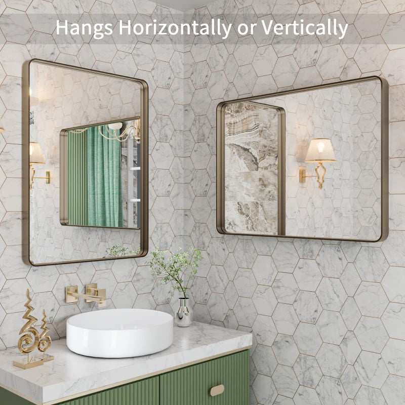 LOAAO 20â€X30â€ Bronze Bathroom Mirrors for Vanity, Rounded Rectangle Brushed Bronze Metal Frame Mirror, Anti-Rust, Hangs Horizontally or Vertically - Image 4