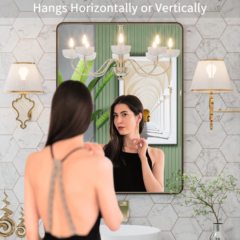 LOAAO 20â€X30â€ Bronze Bathroom Mirrors for Vanity, Rounded Rectangle Brushed Bronze Metal Frame Mirror, Anti-Rust, Hangs Horizontally or Vertically - Image 2