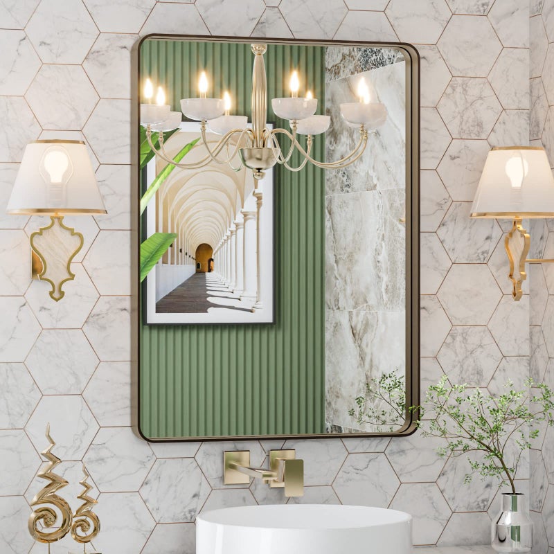LOAAO 20â€X30â€ Bronze Bathroom Mirrors for Vanity, Rounded Rectangle Brushed Bronze Metal Frame Mirror, Anti-Rust, Hangs Horizontally or Vertically - Image 1