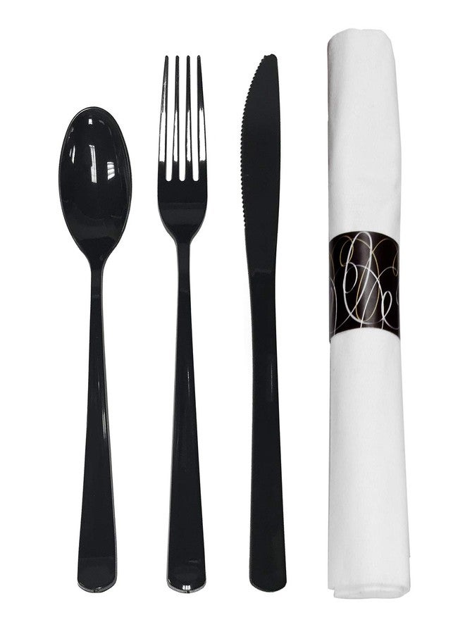 Party Essentials Party Supplies Wrapped Silverware Set Disposable, Pre Rolled Napkin and Cutlery, Spoons/Forks/Knives Black, 50 Units - Image 1