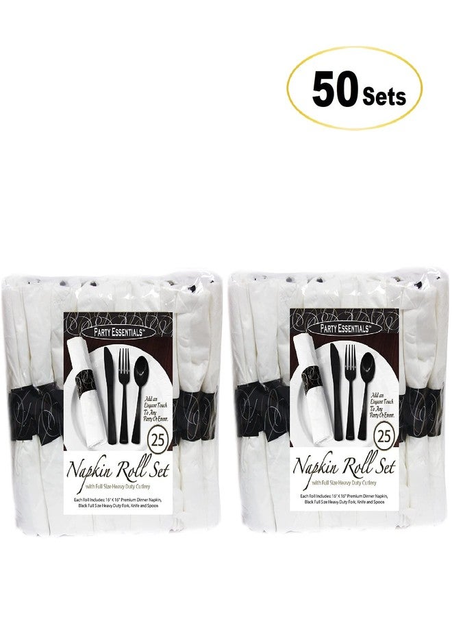 Party Essentials Party Supplies Wrapped Silverware Set Disposable, Pre Rolled Napkin and Cutlery, Spoons/Forks/Knives Black, 50 Units - Image 3