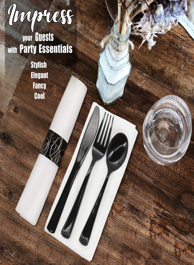 Party Essentials Party Supplies Wrapped Silverware Set Disposable, Pre Rolled Napkin and Cutlery, Spoons/Forks/Knives Black, 50 Units - Image 5