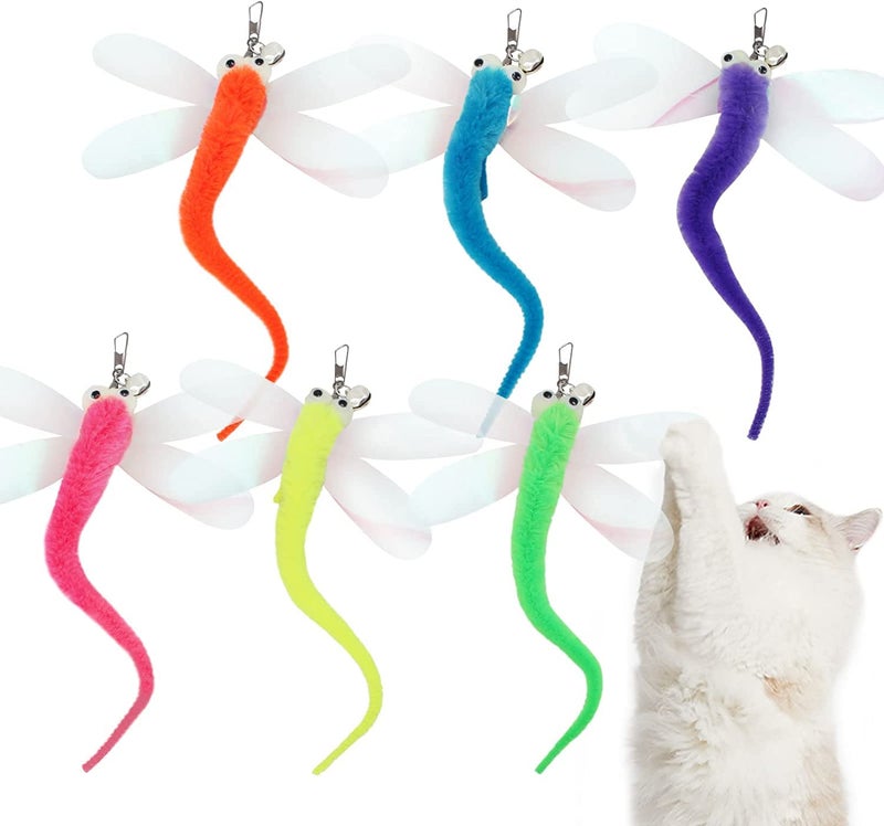 Hokoad Cat Big Eye Dragonfly Toys Replacement Cat Toy Wand Refills 6 Pieces Big Eye Dragonfly Cat Toy Feathers Refill Interactive Cat Teaser Wand Attachments with Bell - Image 2