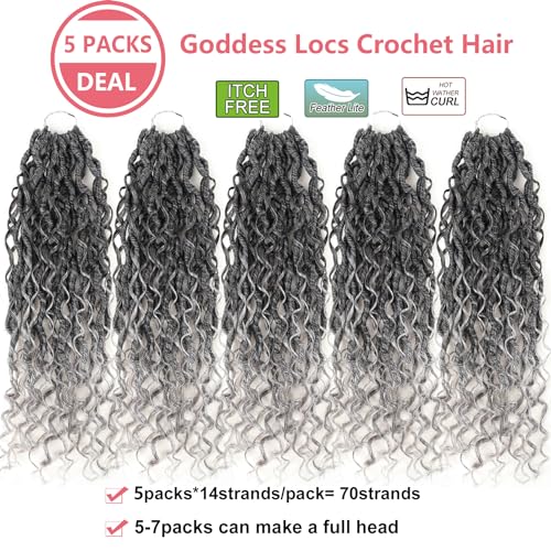 Ahrencan 14 Inch Ombre Grey Goddess Faux Locs Crochet Hair For Black Women,Pre Looped Salt and Pepper Hippie Boho River Locs Crochet Braids Hair With Curly Ends,Itch Free(5 Packs,14”,T1B/Grey#) - Image 2