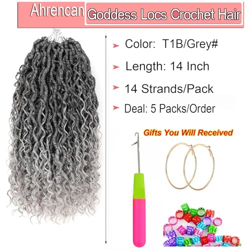 Ahrencan 14 Inch Ombre Grey Goddess Faux Locs Crochet Hair For Black Women,Pre Looped Salt and Pepper Hippie Boho River Locs Crochet Braids Hair With Curly Ends,Itch Free(5 Packs,14”,T1B/Grey#) - Image 3