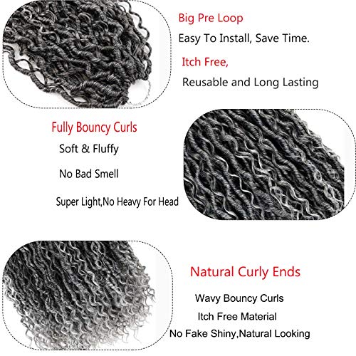 Ahrencan 14 Inch Ombre Grey Goddess Faux Locs Crochet Hair For Black Women,Pre Looped Salt and Pepper Hippie Boho River Locs Crochet Braids Hair With Curly Ends,Itch Free(5 Packs,14”,T1B/Grey#) - Image 4