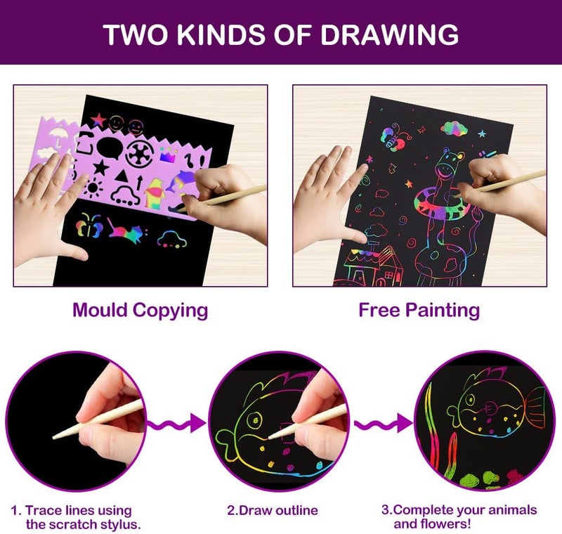 FUNNYB&G Scratch Paper Art for Kids - 200 Pcs Magic Scratch Paper Off Set Scratch Crafts Arts Supplies Kit Pads Sheets for Party Games Birthday Gifts - Image 3