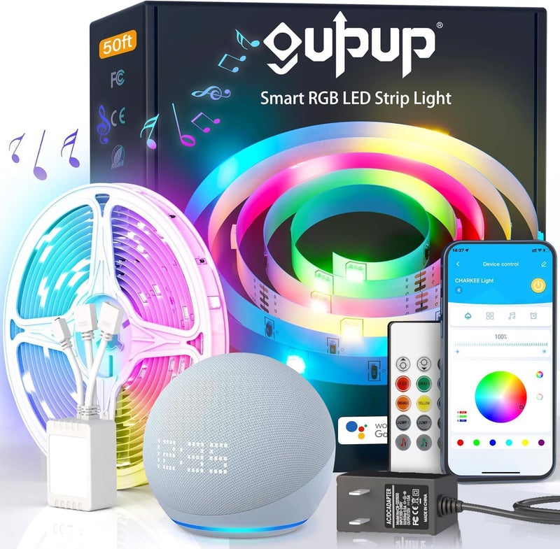 GUPUP WiFi Led Lights 50 ft, Smart App Controlled Led Strip Lights, Compatible with Alexa and Google Assistant Devices, Voice Control,Music Sync,Color Changing Tape Lighting - Image 1