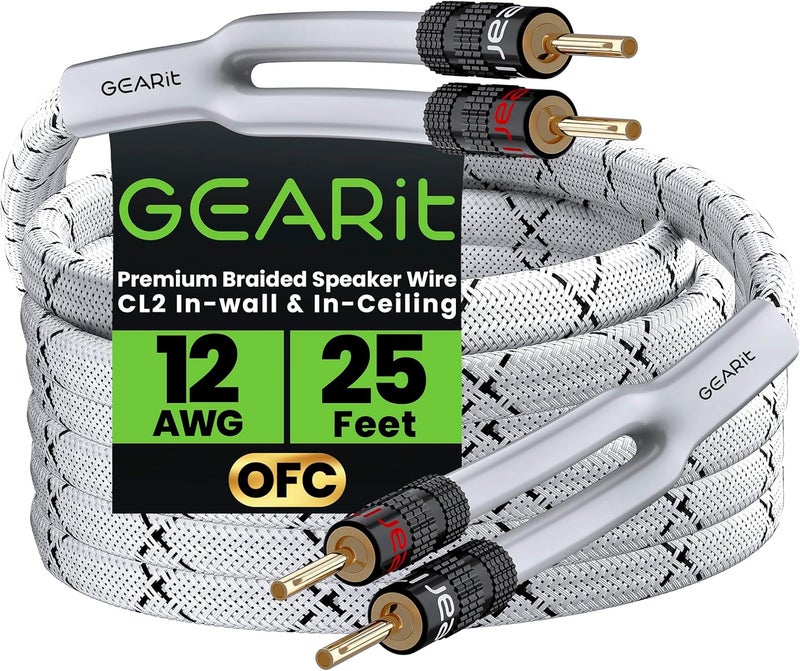GearIT 12AWG Premium Heavy Duty Braided Speaker Wire (25 Feet) with Dual Gold Plated Banana Plug Tips - Oxygen-free Copper (OFC) Construction, White - Image 1