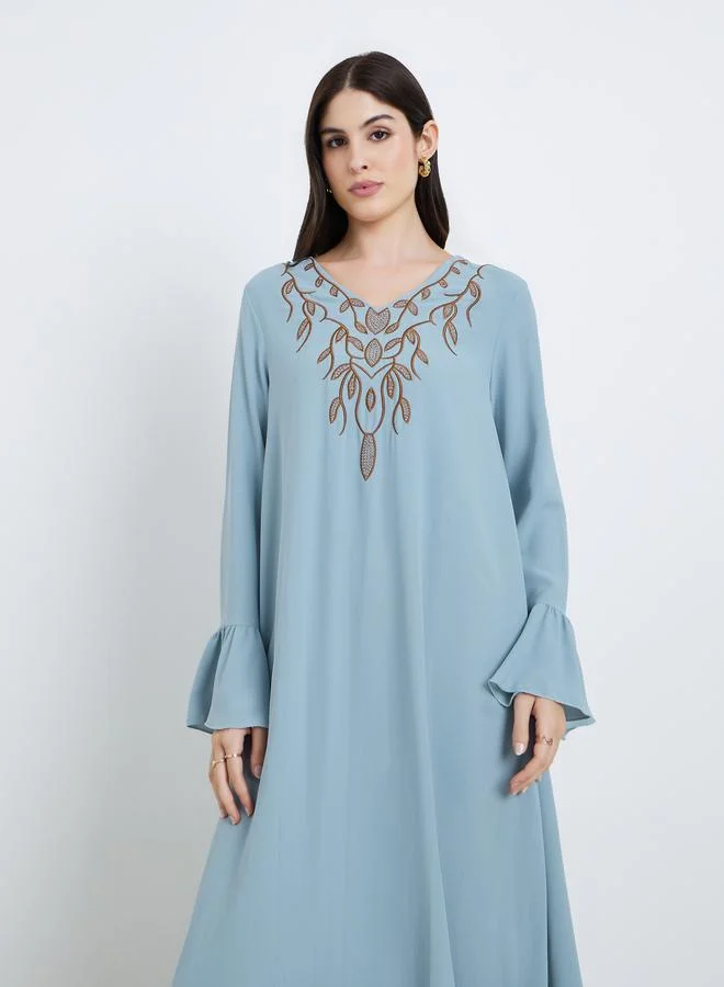 ستايلي جلابية نسائية زرقاء طويلة مطرزة