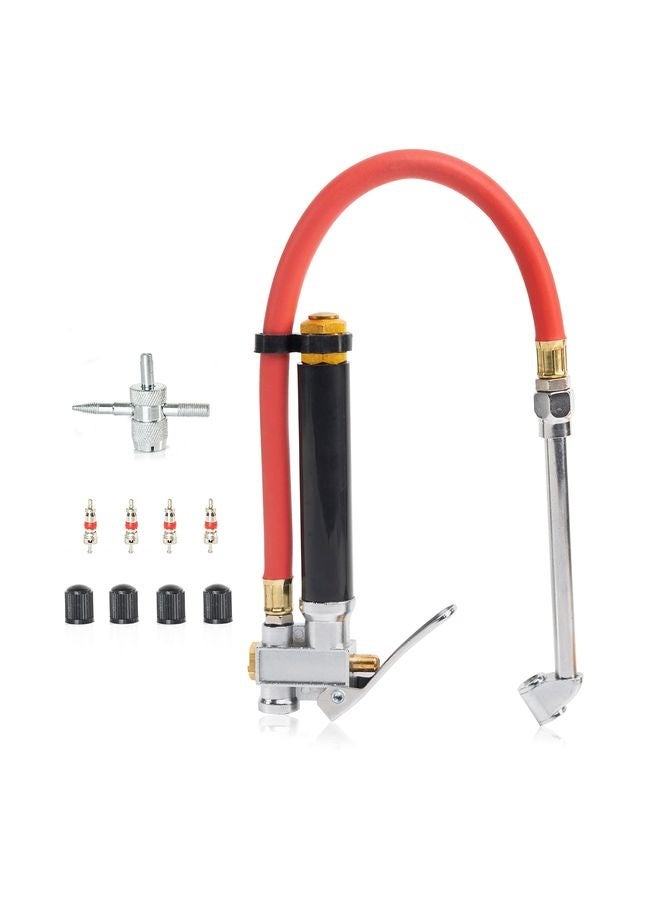 HOMESTAR 20701A Tire Inflator | 12 Inch | Flexible Air Tire Pressure Gauge | 20 – 120 PSI | 1/4” NPT Offset Dual Head Chuck | Tire Filler with Hose | Aluminum Body and Brass Valves | Stem Valve Caps - Image 1