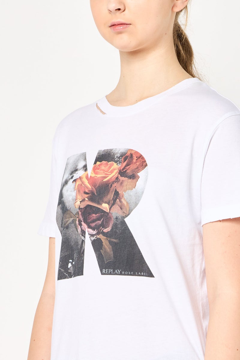 Replay Women Crew Neck Short Sleeve Graphic Print T-Shirt, White - Image 3