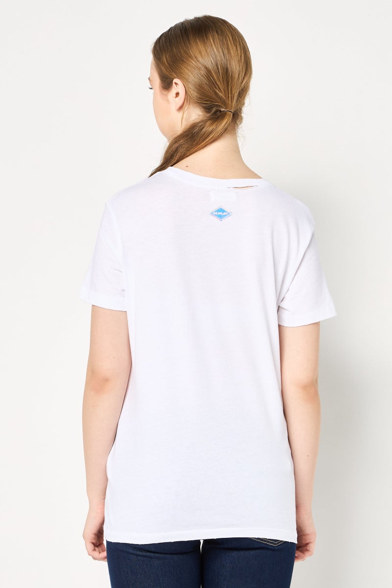 Replay Women Crew Neck Short Sleeve Graphic Print T-Shirt, White - Image 2