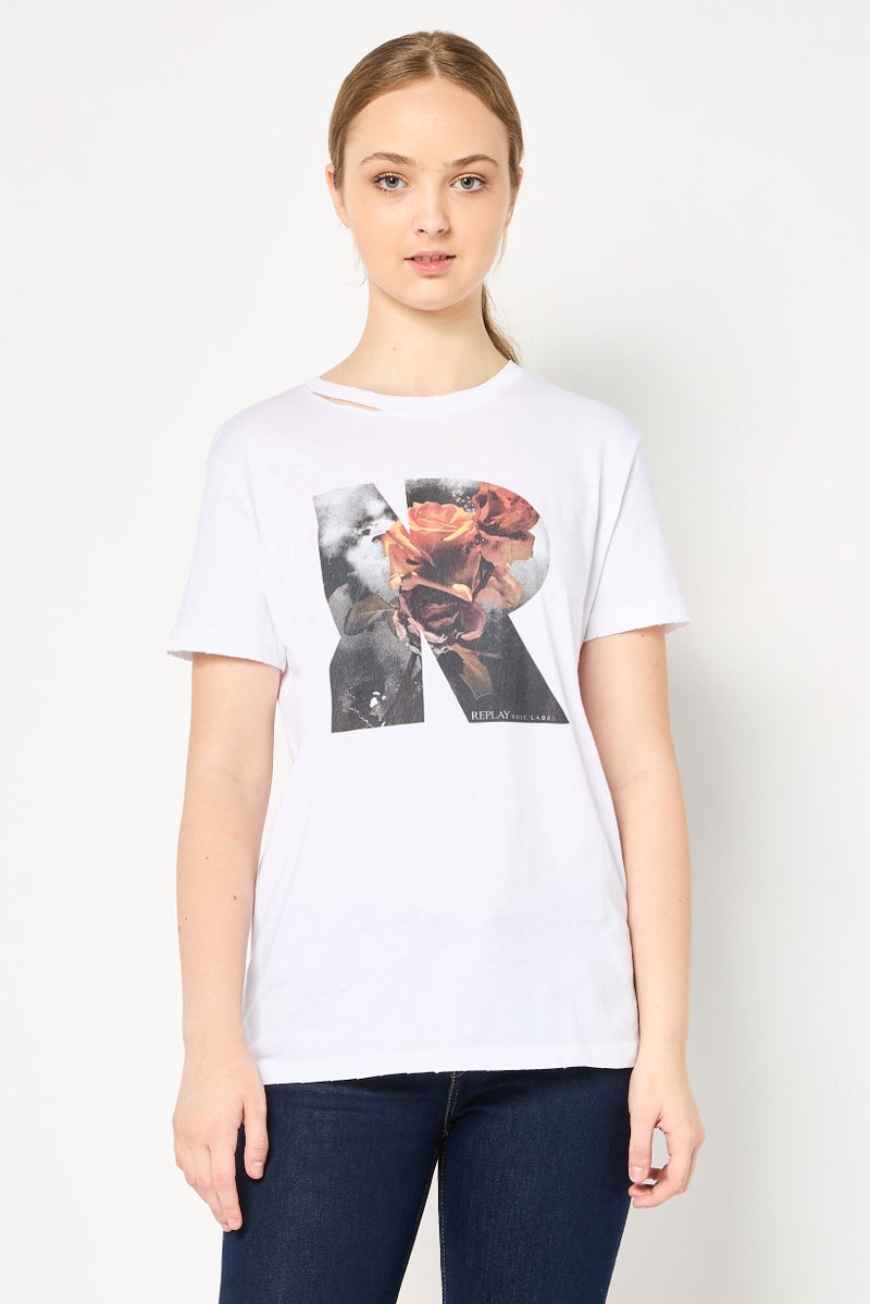 Replay Women Crew Neck Short Sleeve Graphic Print T-Shirt, White - Image 1