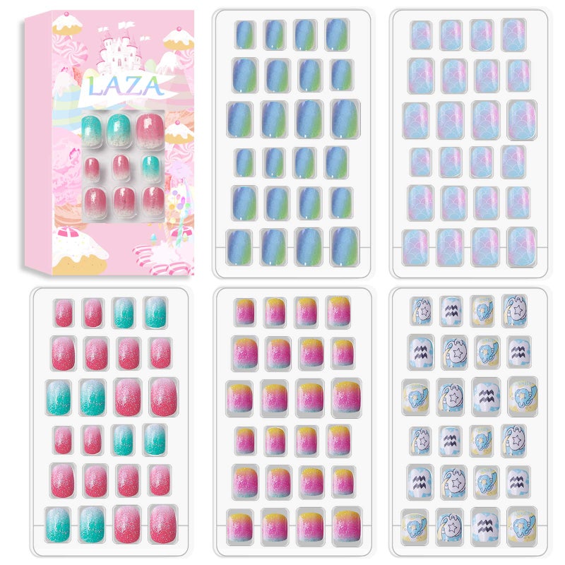 Laza 120pcs Children Nails Press On Preglue Full Cover Nail Tips Kit Glitter Gradient Color Rainbow Short Artificial False Nail Kits Lovely Christmas Gift for Children Kids Girls Little Mermaid