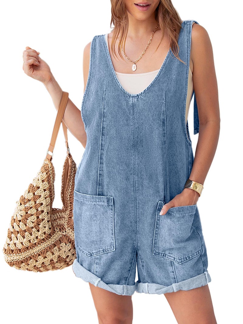 Glamaker Womens Summer Denim Romper Overall Shorts Casual Sleeveless V Neck Jean Romper Denim Outfit Short Jumpsuits 2025 With Pockets(Denim Blue M) - Image 1