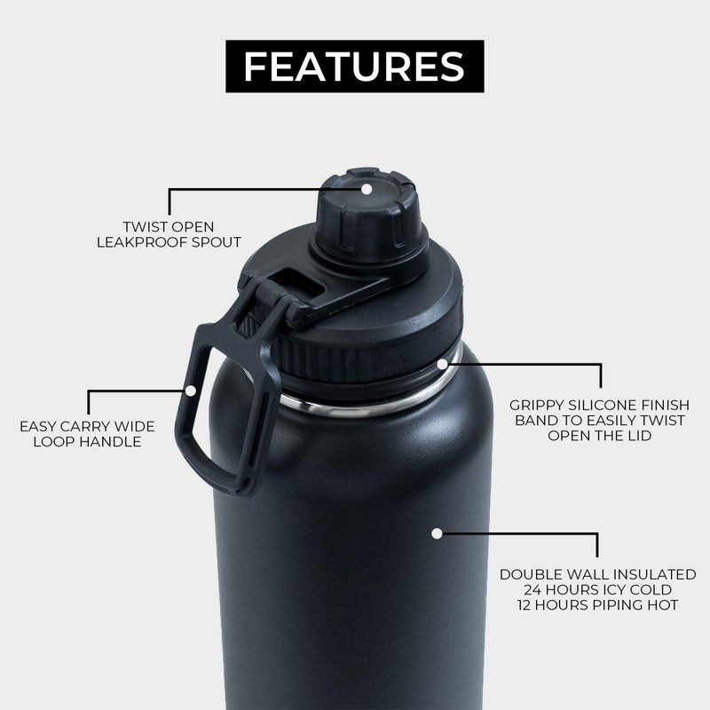 BOZ Stainless Steel Water Bottle XL (1 L / 32oz) Wide Mouth, BPA Free, Vacuum Double Wall Insulated (Matte Black) - Image 2