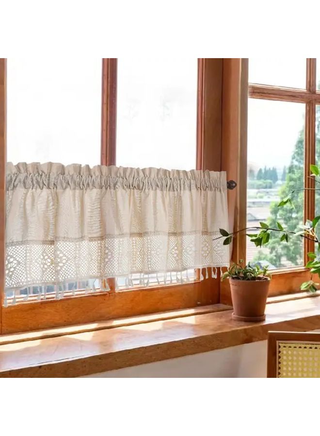 Beige Lace Curtains With Tassel Trim 29x35 Inches Semi Sheer Light Filtering Window Drapes - Image 2