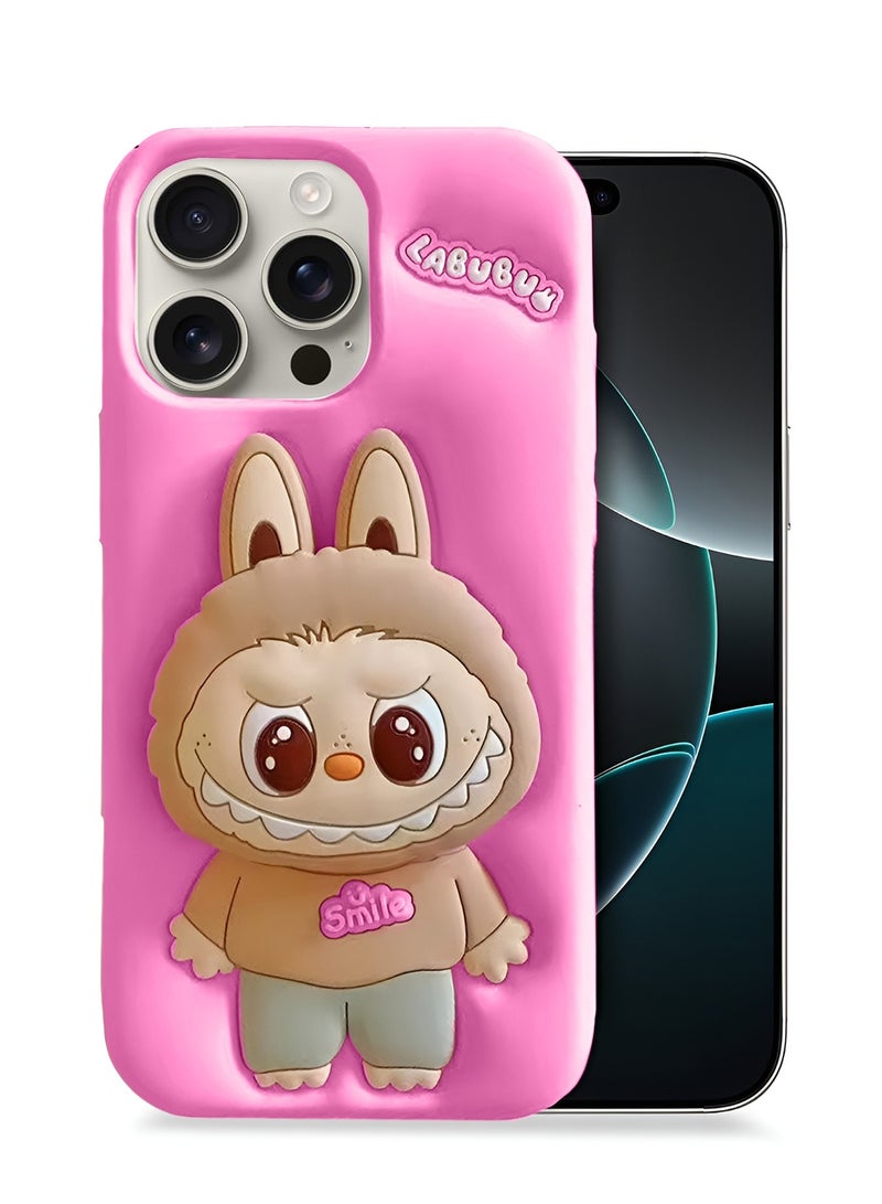 Wtech Apple iPhone 16 Pro 5G 2024 3D Labubu Cartoon Pop Case, Premium Soft Liquid Jelly Silicone Case with Phone Holder Cool Full Protective Cute Aesthetic Case Cover - Hot Pink - Image 1