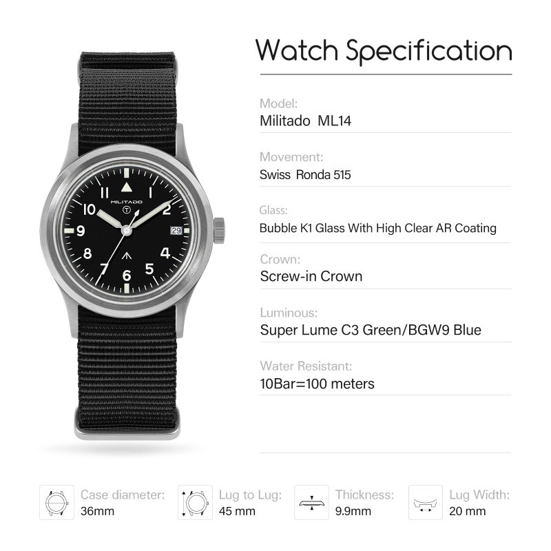 TACTICAL FROG Militado 36mm Field Watch VH31 Japan Movt with Sweep Seconds Military Style Men's Watch with Nylon Strap, 100M Waterproof - ML13/ML14 Series (White Dial / K1 / Date, ML14) - Image 3