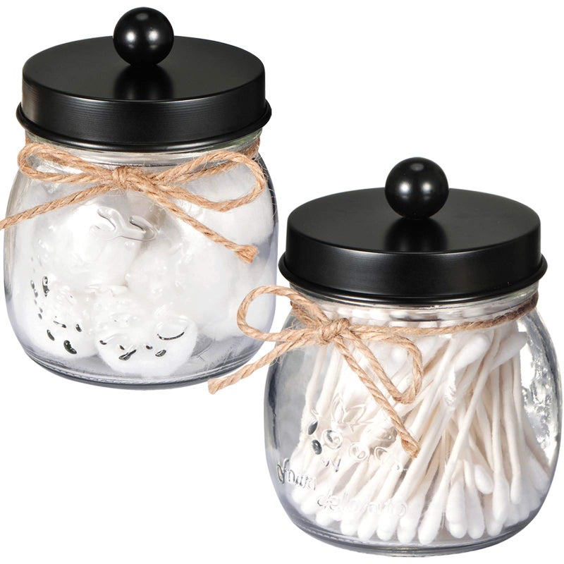 SheeChung 2 Pack Qtip Holders Black Bathroom Decor Cotton Swab Holders Bathroom Jars Restroom Decor for Cotton Balls Pads Floss Picks  Black