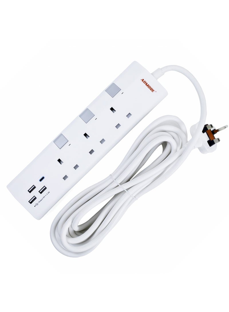ADMORE Extension Lead with 4 USB Slots, USB C Fast Charge, 3 Way Multi Plug Extension with Surge Protection, 5M Extension Cable, 3250W Multiplug Power Strip for Home, Office, School Supplies - Image 1