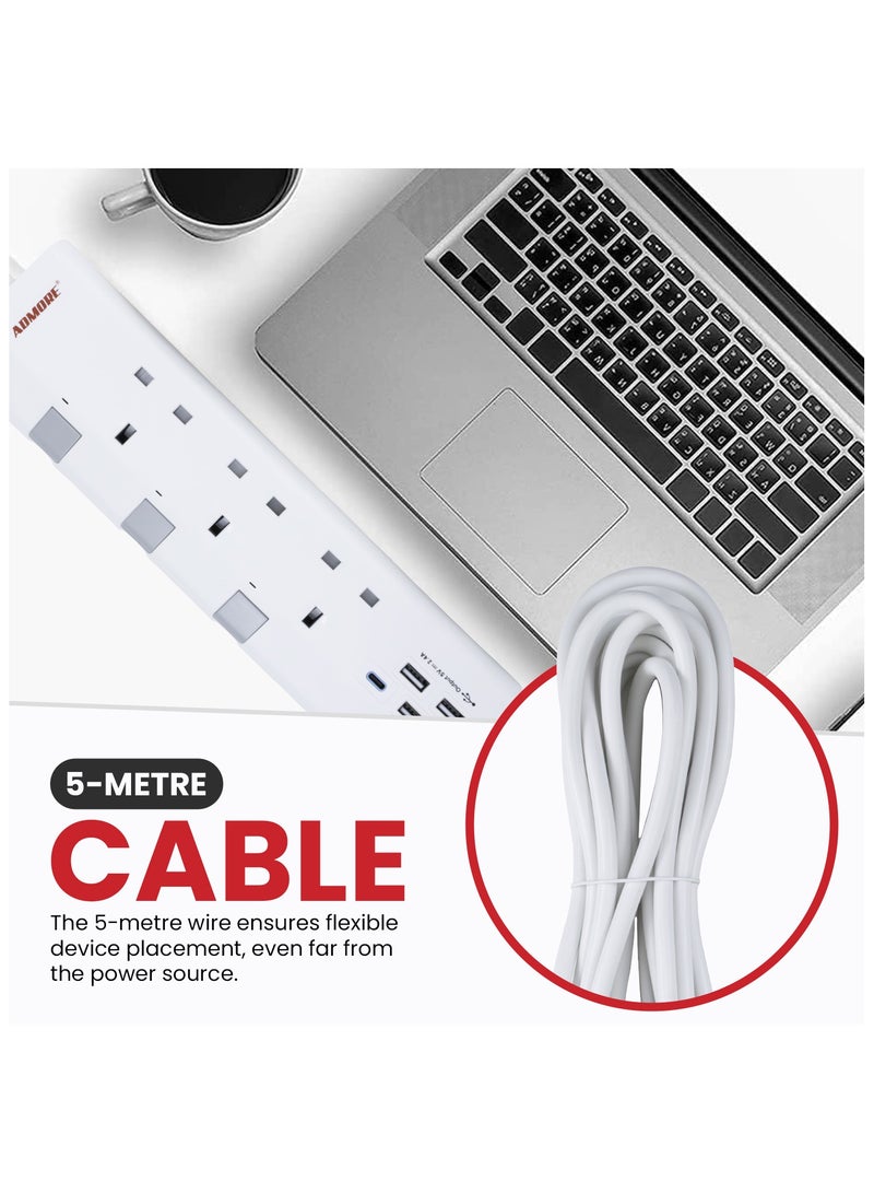 ADMORE Extension Lead with 4 USB Slots, USB C Fast Charge, 3 Way Multi Plug Extension with Surge Protection, 5M Extension Cable, 3250W Multiplug Power Strip for Home, Office, School Supplies - Image 5