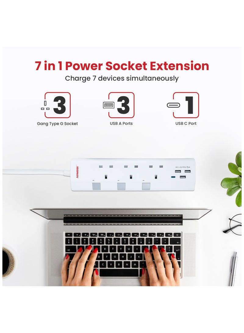 ADMORE Extension Lead with 4 USB Slots, USB C Fast Charge, 3 Way Multi Plug Extension with Surge Protection, 5M Extension Cable, 3250W Multiplug Power Strip for Home, Office, School Supplies - Image 2