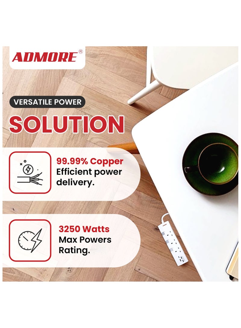 ADMORE Extension Lead with 4 USB Slots, USB C Fast Charge, 3 Way Multi Plug Extension with Surge Protection, 5M Extension Cable, 3250W Multiplug Power Strip for Home, Office, School Supplies - Image 3