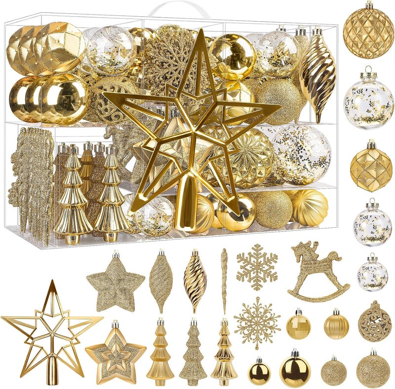 SHareconn 100pcs Christmas Tree Decorations Ornaments Set, Shatterproof Plastic Baubles Decorative Balls for Xmas Tree Decor Holiday Wedding Party, Gold - Image 1