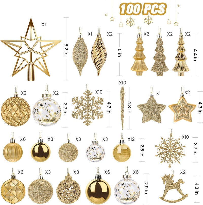 SHareconn 100pcs Christmas Tree Decorations Ornaments Set, Shatterproof Plastic Baubles Decorative Balls for Xmas Tree Decor Holiday Wedding Party, Gold - Image 2