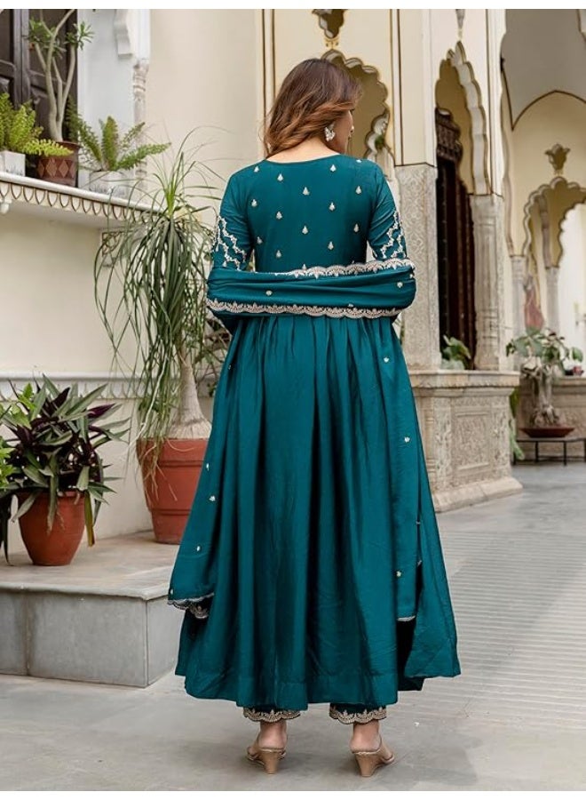 TRENDMALLS L طقم أناركالي نسائي من مزيج الحرير، مطرز بالترتر، مع بنطال وشال (دوباتا) من تريندمالز - Image 2