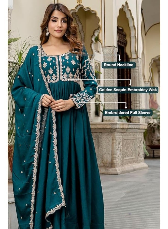 TRENDMALLS L طقم أناركالي نسائي من مزيج الحرير، مطرز بالترتر، مع بنطال وشال (دوباتا) من تريندمالز - Image 4