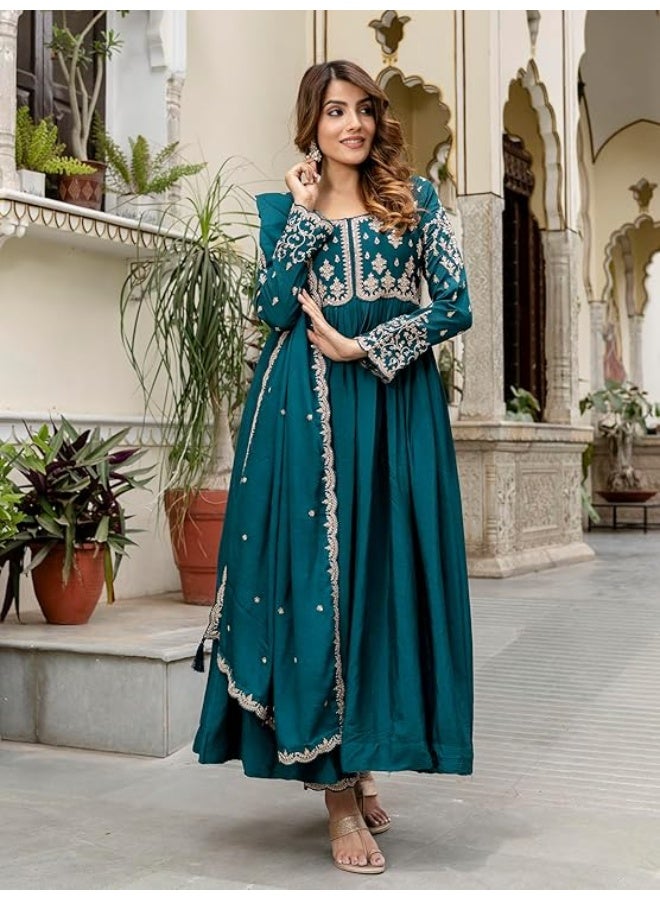 TRENDMALLS L طقم أناركالي نسائي من مزيج الحرير، مطرز بالترتر، مع بنطال وشال (دوباتا) من تريندمالز - Image 3