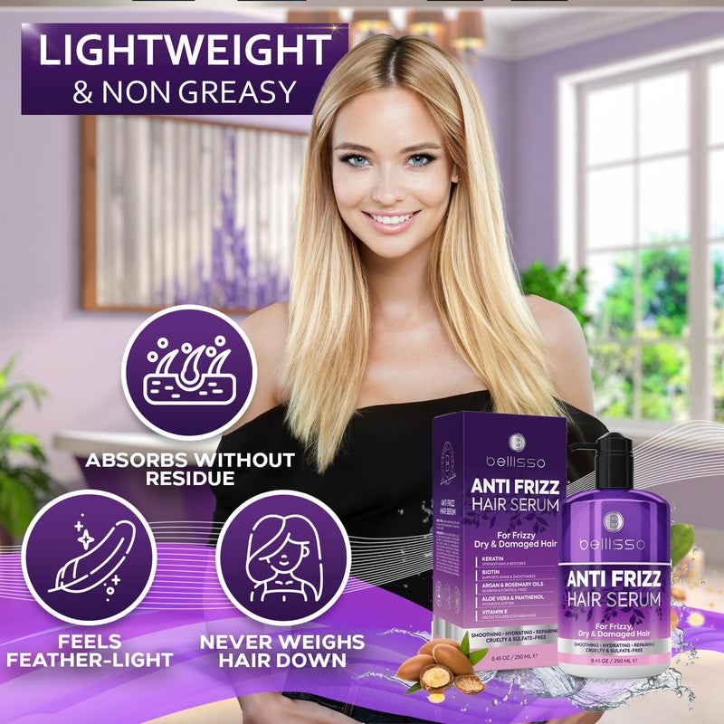 BELLISSO Anti Frizz Hair Serum for Frizzy and Damaged Hair - Humidity Treatment Control - Styling and Smoothing Products for Women and Men - 8.45 Fl Oz - Image 3