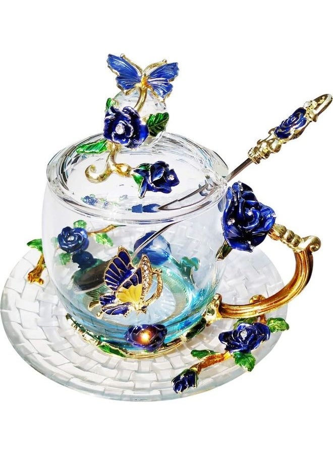 NIBEMINENT Butterfly Glass Tea Cups Coffee Mugs With Lid Spoon and Saucer multicolour 250mm  - Image 1