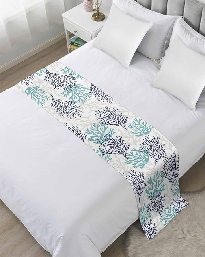 Teal Blue Grey Coral Coastal Bed Runner For King Size Bed 94x20 Inch Decorative Throw - Image 1