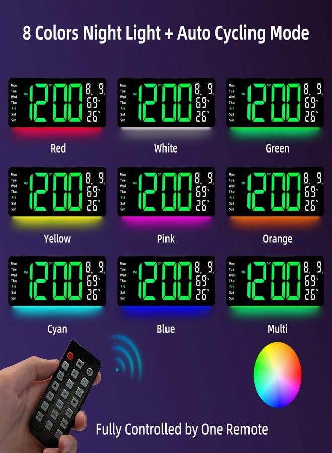 TIMESS ساعة حائط رقمية مقاس 17.5 بوصة، شاشة LED تعرض الوقت والتاريخ والشهر ودرجة الحرارة والرطوبة، جهاز تحكم عن بعد، منبه، مؤقت، 10 مستويات سطوع، إضاءة ليلية للمنزل وغرفة المعيشة وغرفة النوم والمكتب - Image 3