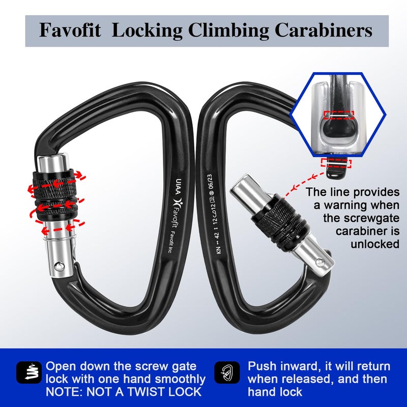 Favofit Locking Climbing Carabiner Heavy Duty: Favofit UIAA Certified 42kn (9441 lbs) Safety Caribeaner Clips - Large Screwgate Rock Mountain Caribiniers for Rescue Firefighter - Image 4
