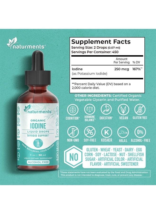 Naturments - Iodine Drops Organic Liquid Supplement | Thyroid Support, Hormone Balance, Optimal Weight and Detox Cleanse | Potassium Iodide | Non-GMO, Vegan, Alcohol-Free (1 Year Supply) 1 Fl Oz- 30mL - Image 1