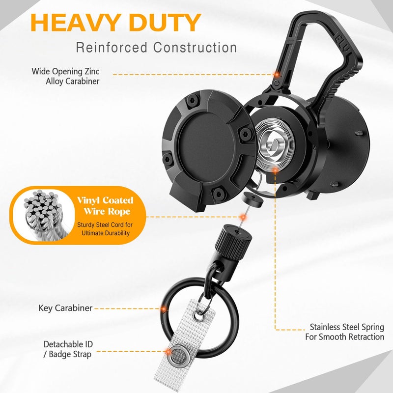 ELV Retractable ID Badge Holder: Heavy Duty Metal Retractable Keychain Badge Reel with Carabiner Belt Clip - 26â€ Strong Cord (Upgrade, Magnetic Closure) - Image 2