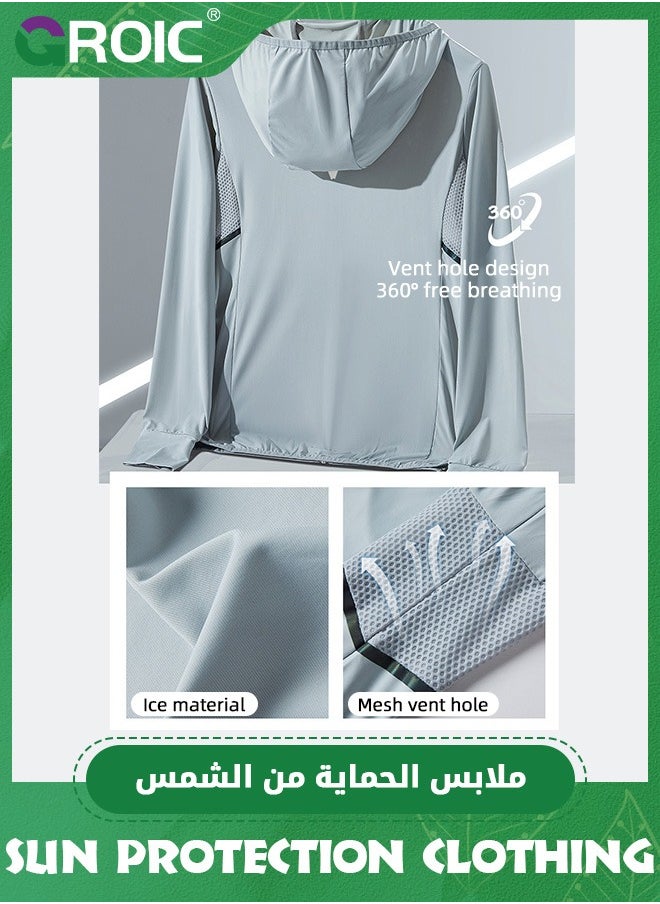 GROIC UPF 50+ UV Sun Protection Clothing for Men & women, Sun Protection Ice Silk Clothing Long Sleeve Hoodie Sun Shirt, Summer Tennis Shirt Athletic Hiking Lightweight Zipper Outdoor Jacket  - Image 3