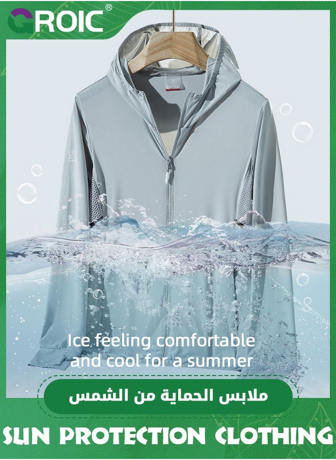 GROIC UPF 50+ UV Sun Protection Clothing for Men & women, Sun Protection Ice Silk Clothing Long Sleeve Hoodie Sun Shirt, Summer Tennis Shirt Athletic Hiking Lightweight Zipper Outdoor Jacket  - Image 4